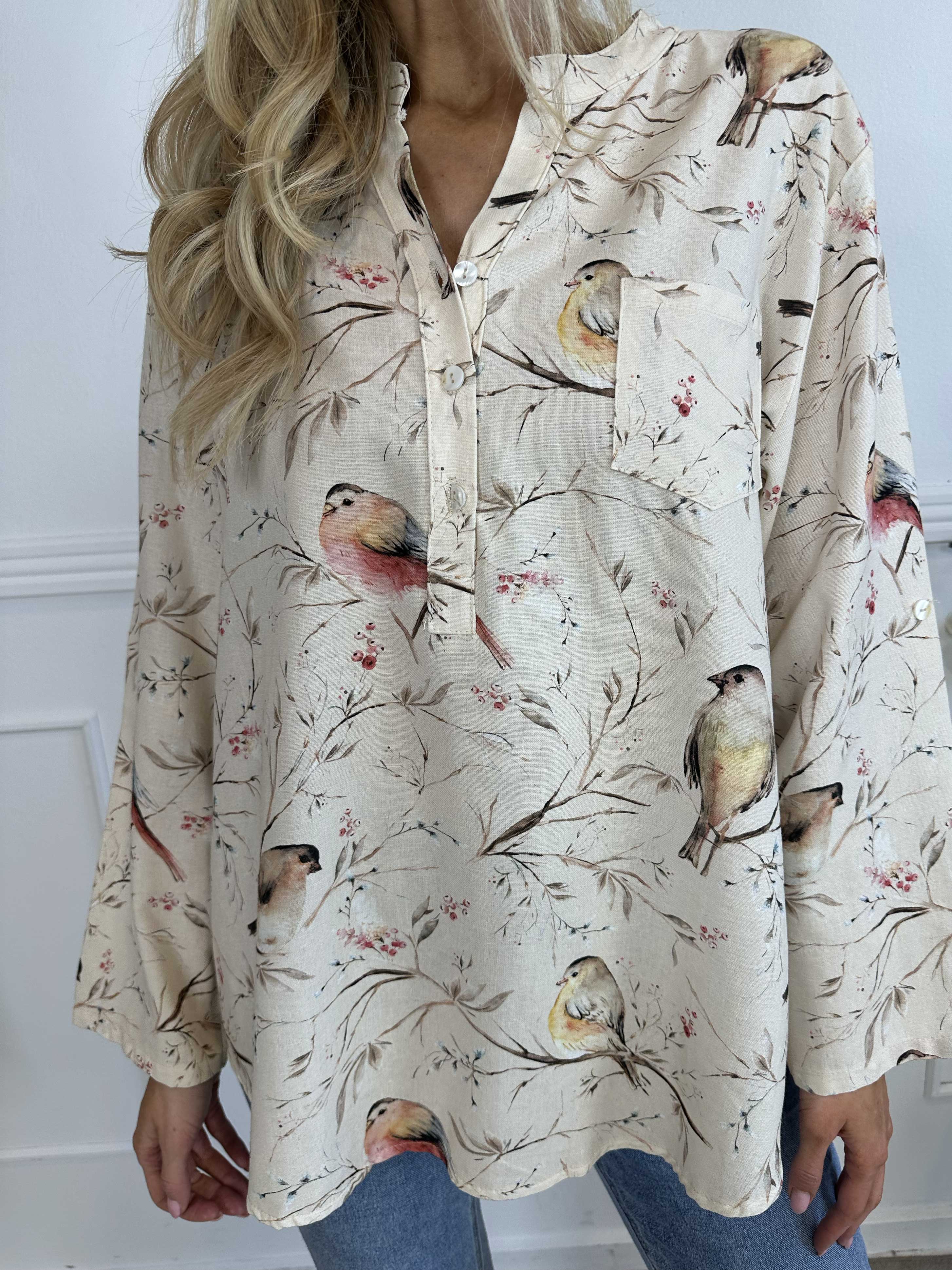 Carmen - Skjorta med fåglar av linne och bomull